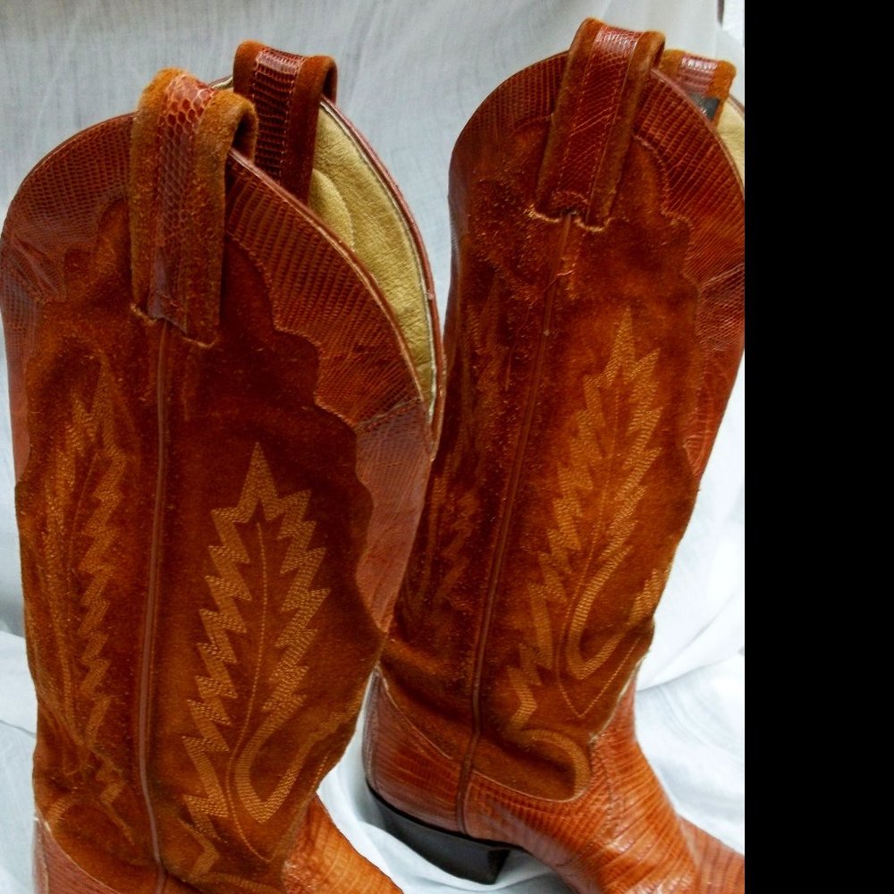 Larry Mahan women's lizard skin & suede cowboy boots sz 6B rust color